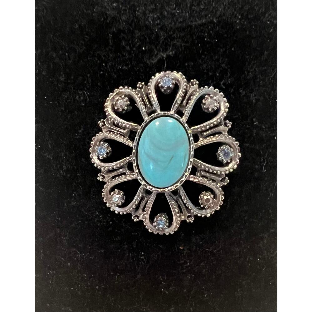 Vintage Round Floral Metal And Faux Turquoise with Rhinestones Brooch Pin